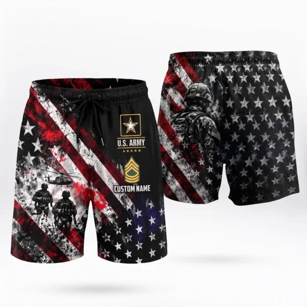 Custom U.S. Army beach shorts, front and back on a white background