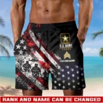 Custom U.S. Army beach shorts, front and back on a white background