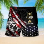 Custom U.S. Army beach shorts, front and back on a white background