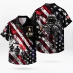 Custom U.S. Army Hawaiian shirt, front and back on a white background