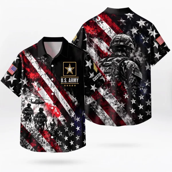 Custom U.S. Army Hawaiian shirt, front and back on a white background