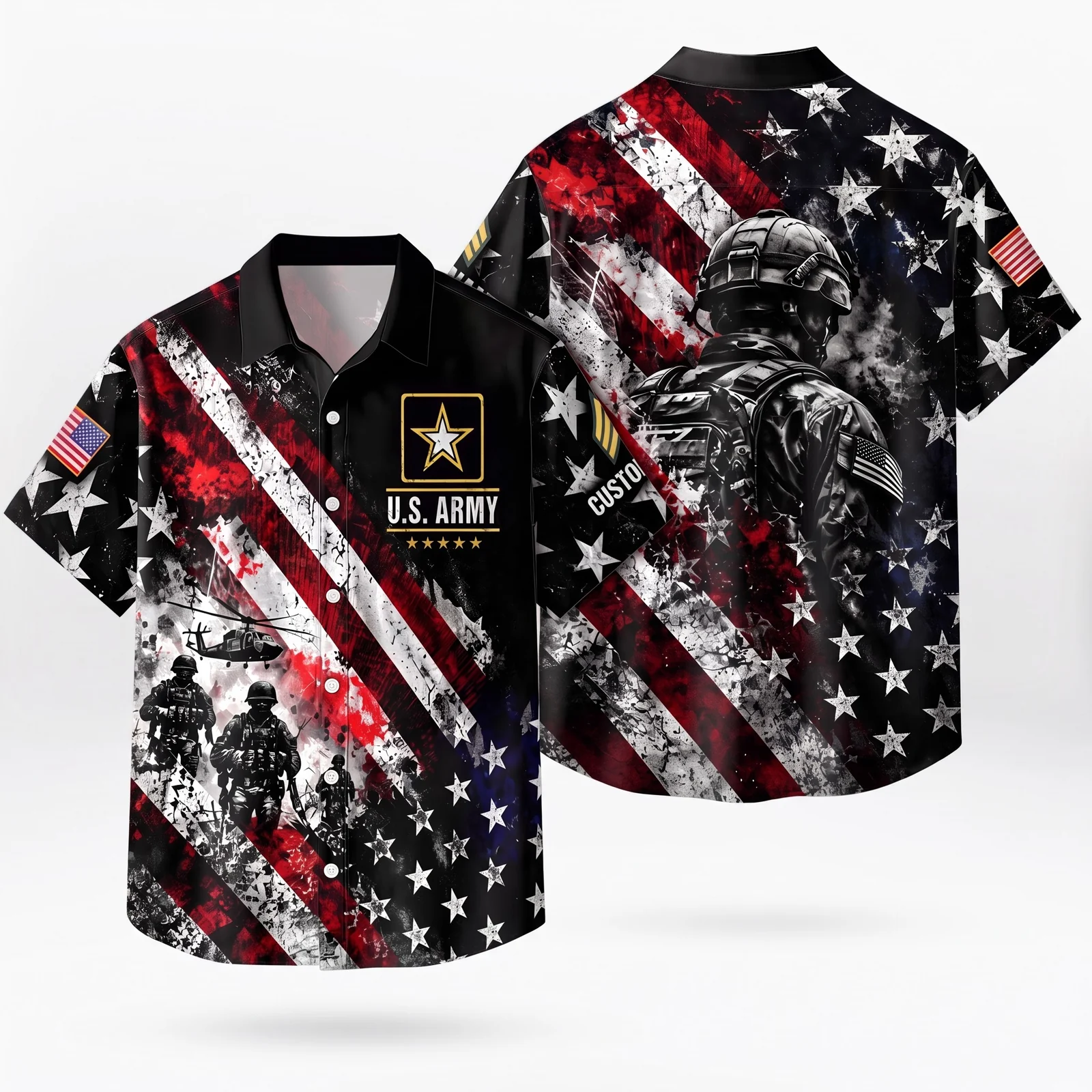 Custom U.S. Army Hawaiian shirt, front and back on a white background Custom U.S. Army Hawaiian shirt, front and back on a white background