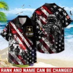 Custom U.S. Army Hawaiian shirt, front and back on a white background