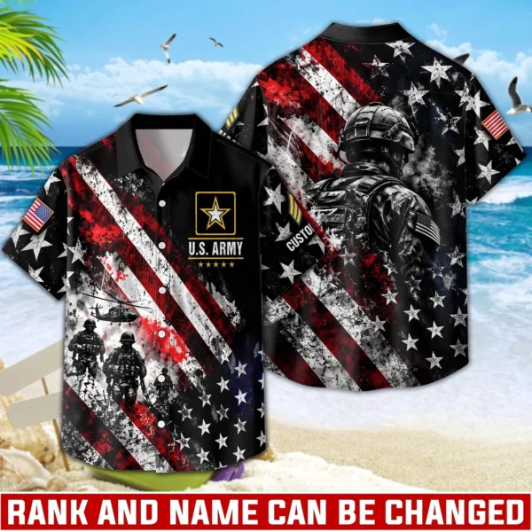 Custom U.S. Army Hawaiian shirt, front and back view with the distressed American flag print