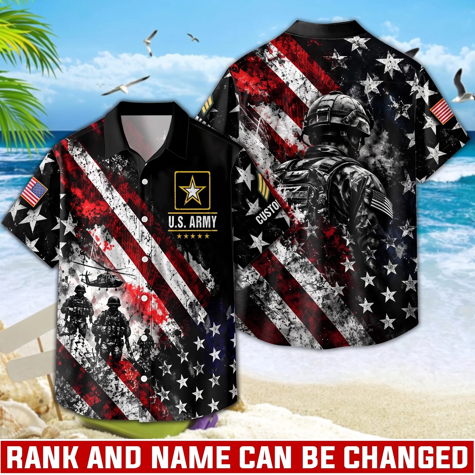 Custom U.S. Army Hawaiian shirt, front and back view with the distressed American flag print Custom U.S. Army Hawaiian shirt, front and back view with the distressed American flag print