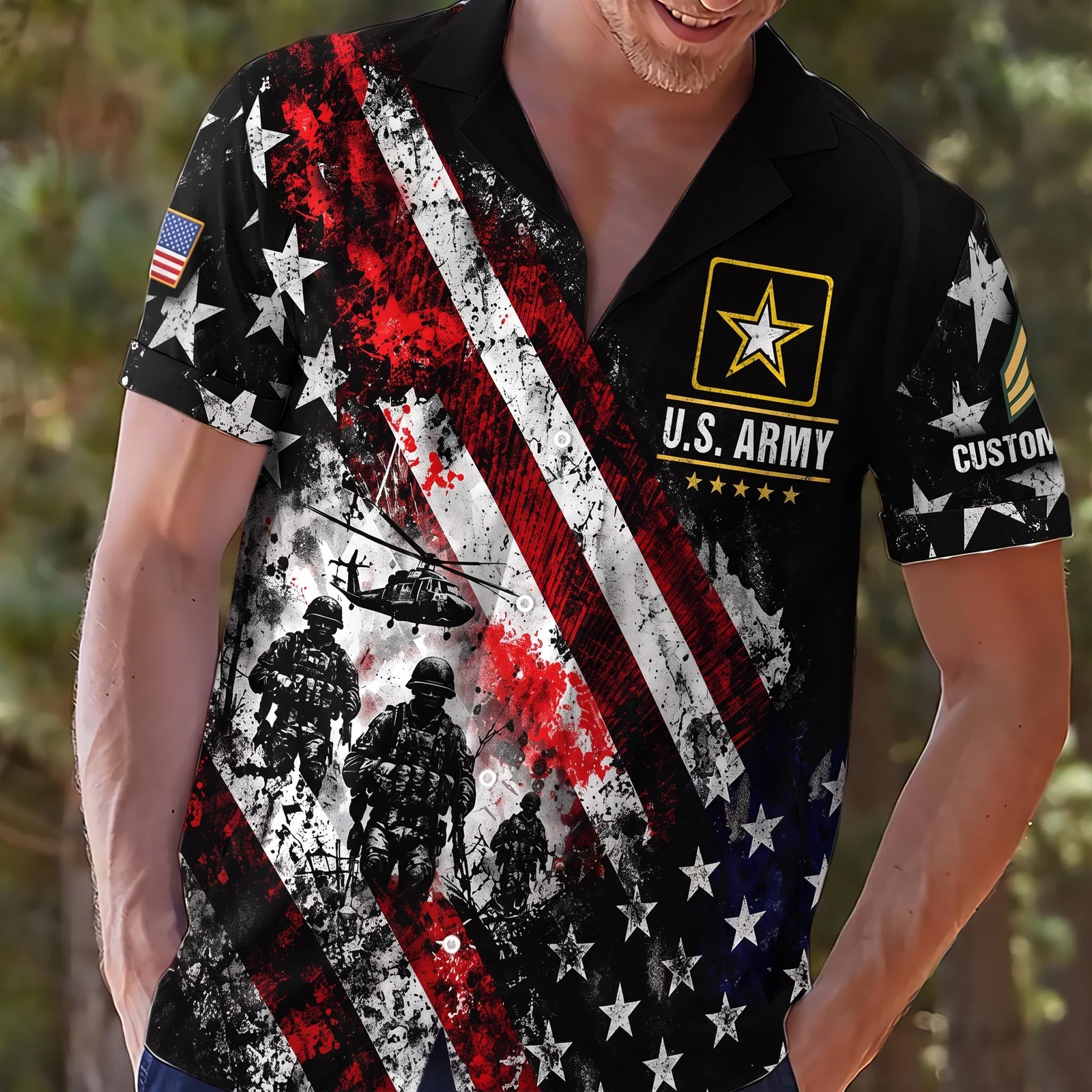 Man wearing the custom U.S. Army Hawaiian shirt with the American flag print Man wearing the custom U.S. Army Hawaiian shirt with the American flag print