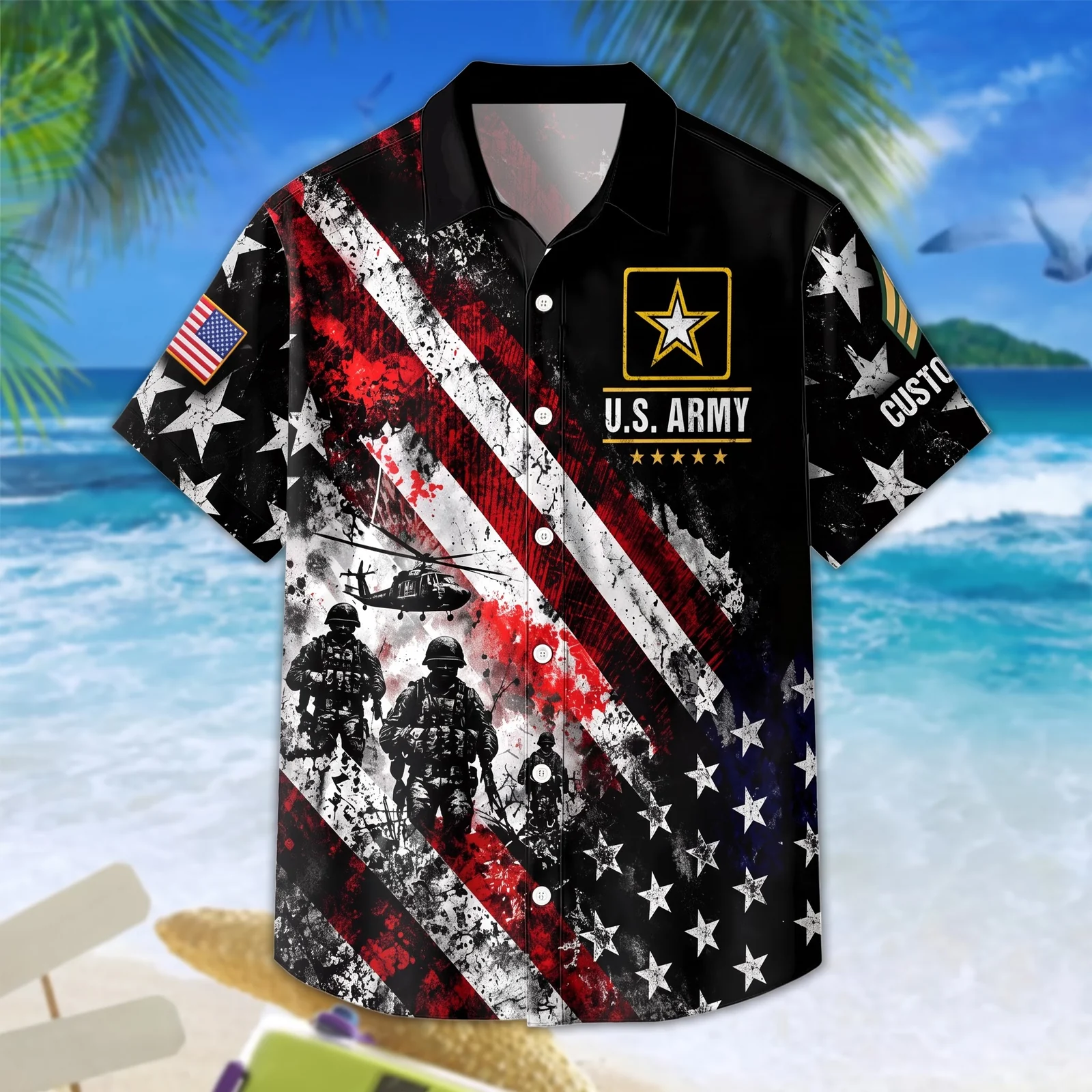 Front view of the custom U.S. Army Hawaiian shirt on a tropical beach Front view of the custom U.S. Army Hawaiian shirt on a tropical beach