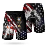 Custom U.S. Coast Guard beach shorts, front and back on a white background