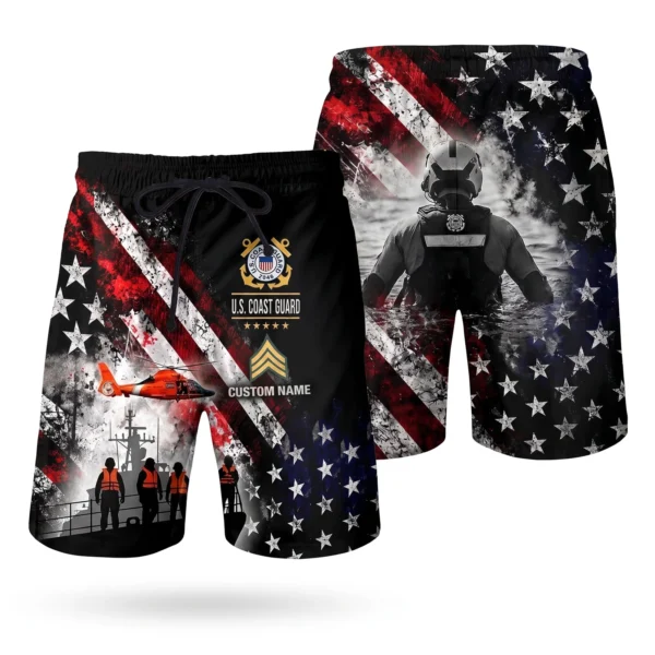 Custom U.S. Coast Guard beach shorts, front and back on a white background