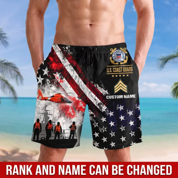 Man wearing the custom U.S. Coast Guard beach shorts on a tropical beach