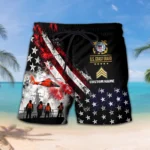 Custom U.S. Coast Guard beach shorts, front and back on a white background