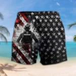 Custom U.S. Coast Guard beach shorts, front and back on a white background