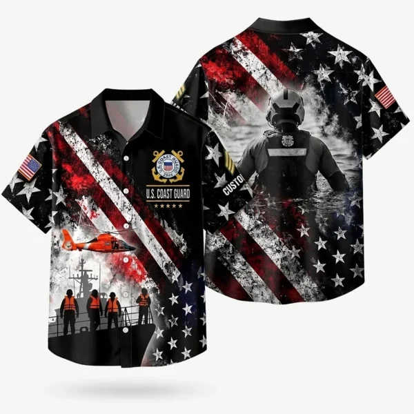 Custom U.S. Coast Guard Hawaiian shirt, front and back on a white background