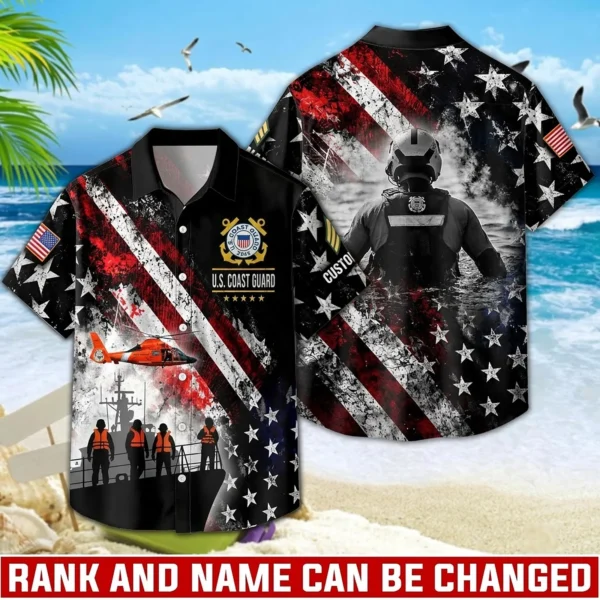 Custom U.S. Coast Guard Hawaiian shirt, front and back view with the distressed American flag print