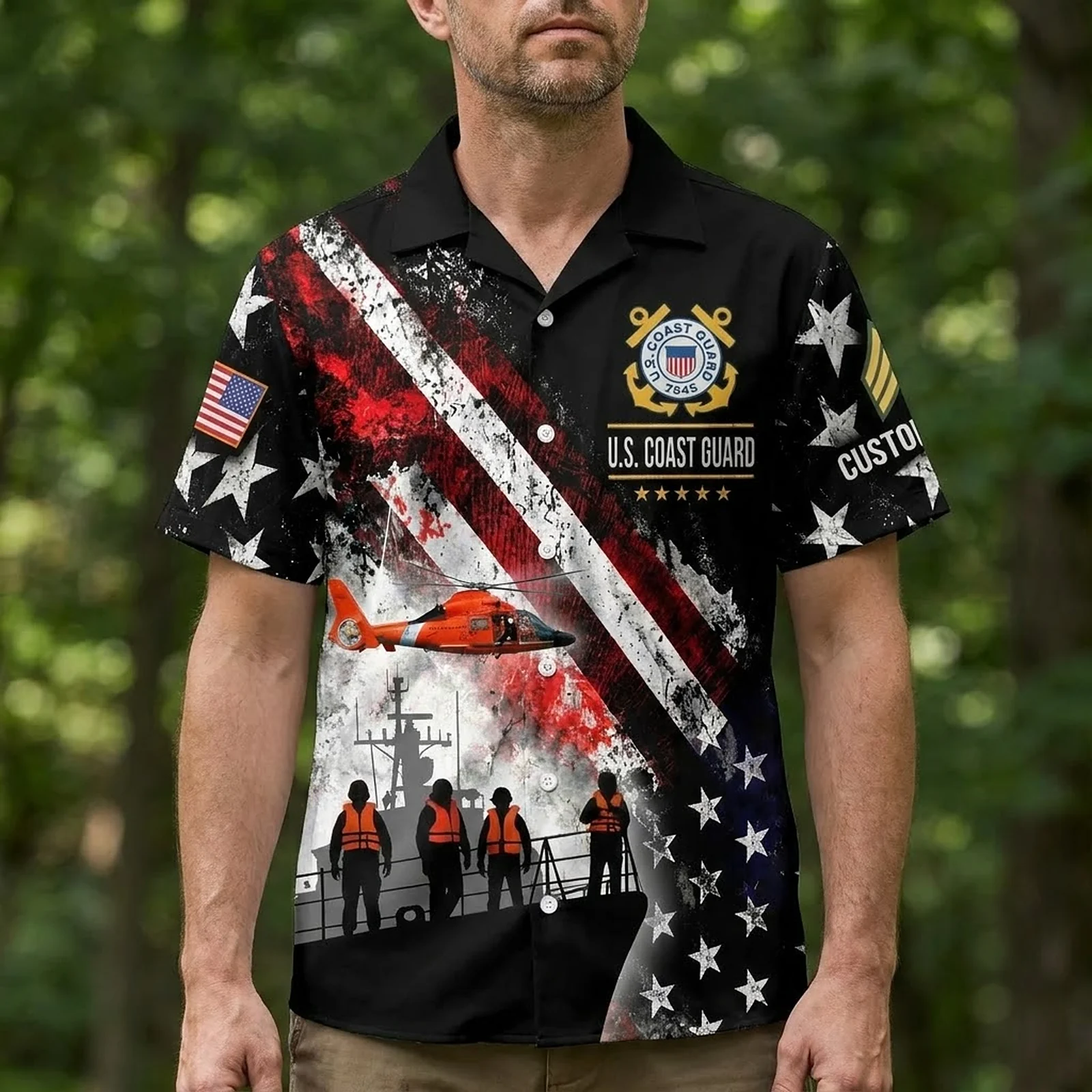 Man wearing the custom U.S. Coast Guard Hawaiian shirt with the American flag print Man wearing the custom U.S. Coast Guard Hawaiian shirt with the American flag print