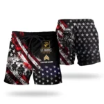 Custom U.S. Marines beach shorts, front and back on a white background