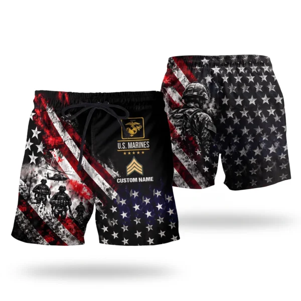 Custom U.S. Marines beach shorts, front and back on a white background
