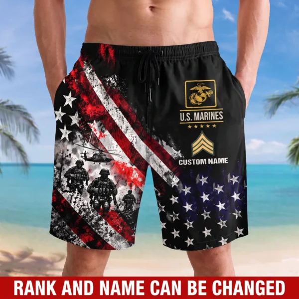Man wearing the custom U.S. Marines beach shorts on a tropical beach