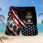 Custom U.S. Marines beach shorts, front and back on a white background