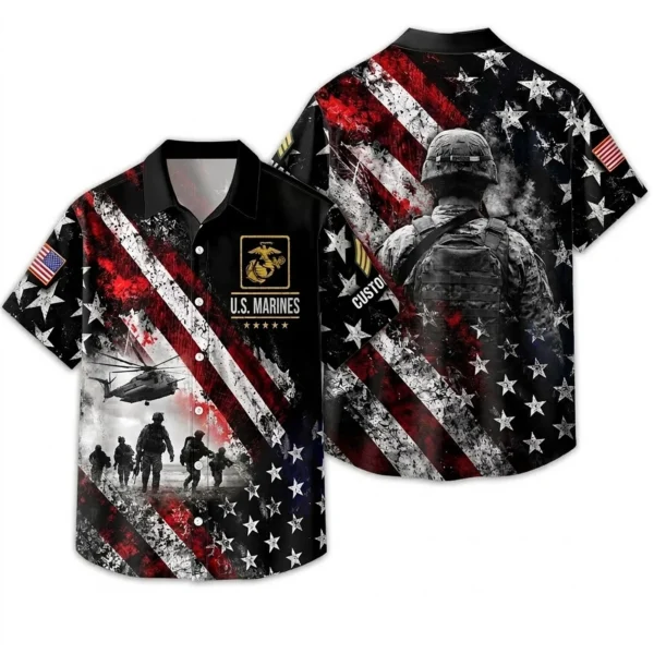Custom U.S. Marines Hawaiian shirt, front and back on a white background
