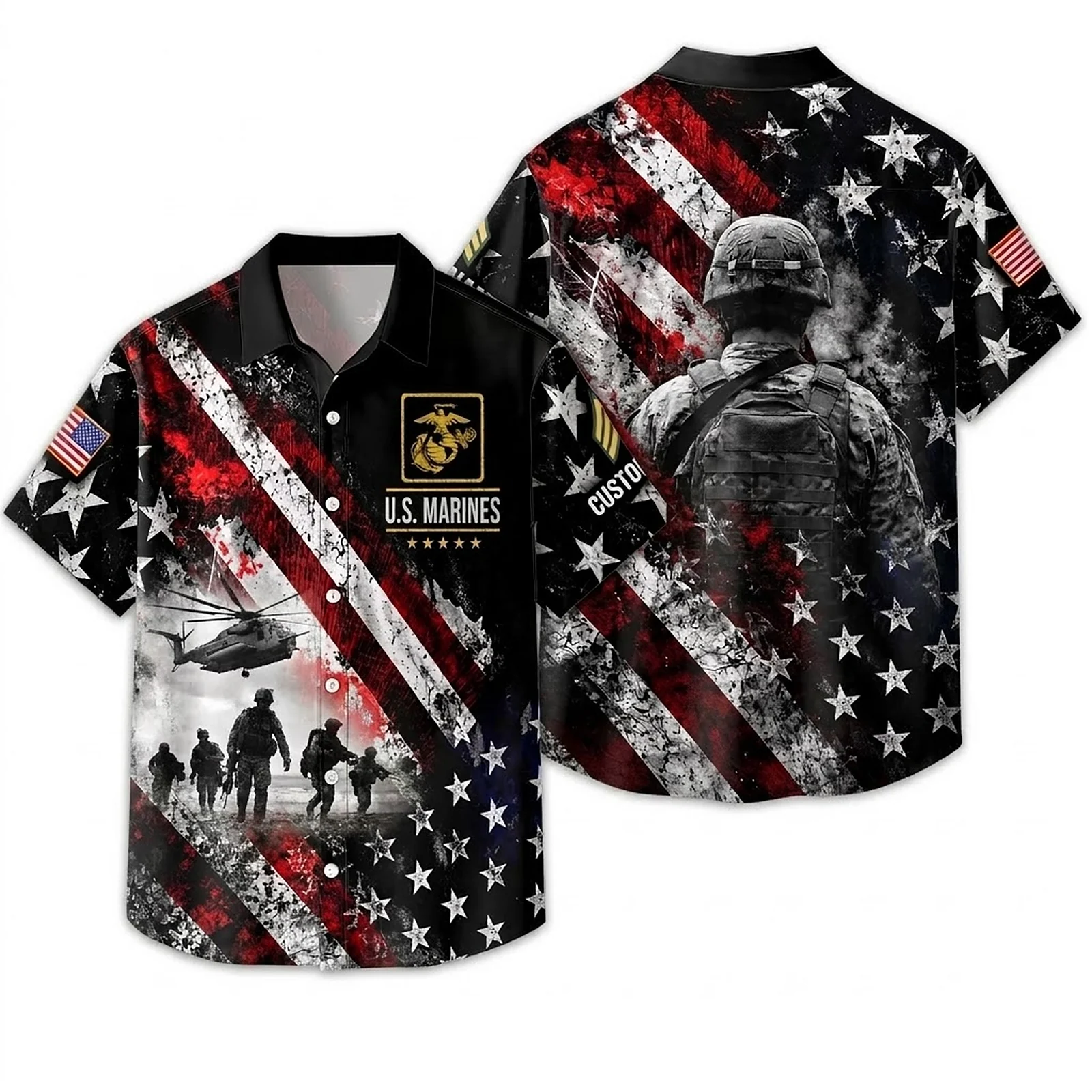 Custom U.S. Marines Hawaiian shirt, front and back on a white background Custom U.S. Marines Hawaiian shirt, front and back on a white background