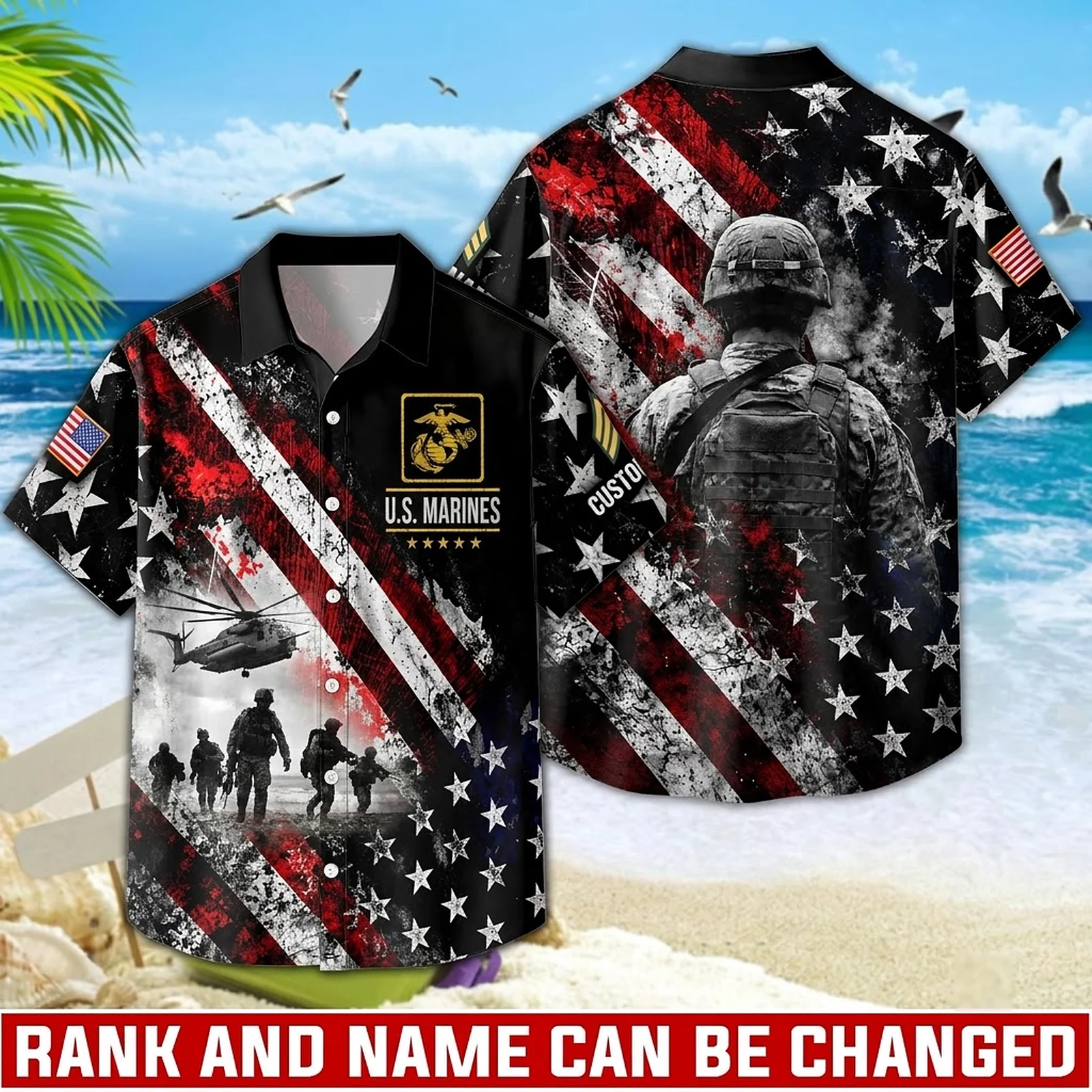 Custom U.S. Marines Hawaiian shirt, front and back view with the distressed American flag print Custom U.S. Marines Hawaiian shirt, front and back view with the distressed American flag print