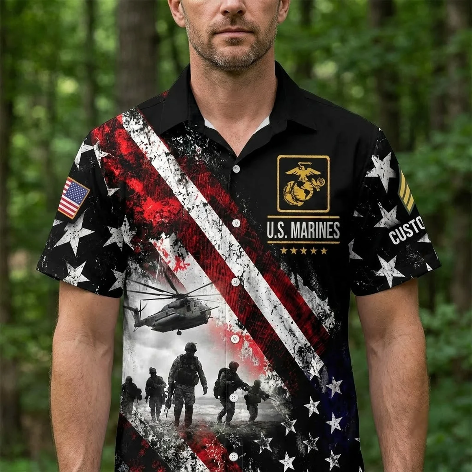 Man wearing the custom U.S. Marines Hawaiian shirt with the American flag print Man wearing the custom U.S. Marines Hawaiian shirt with the American flag print