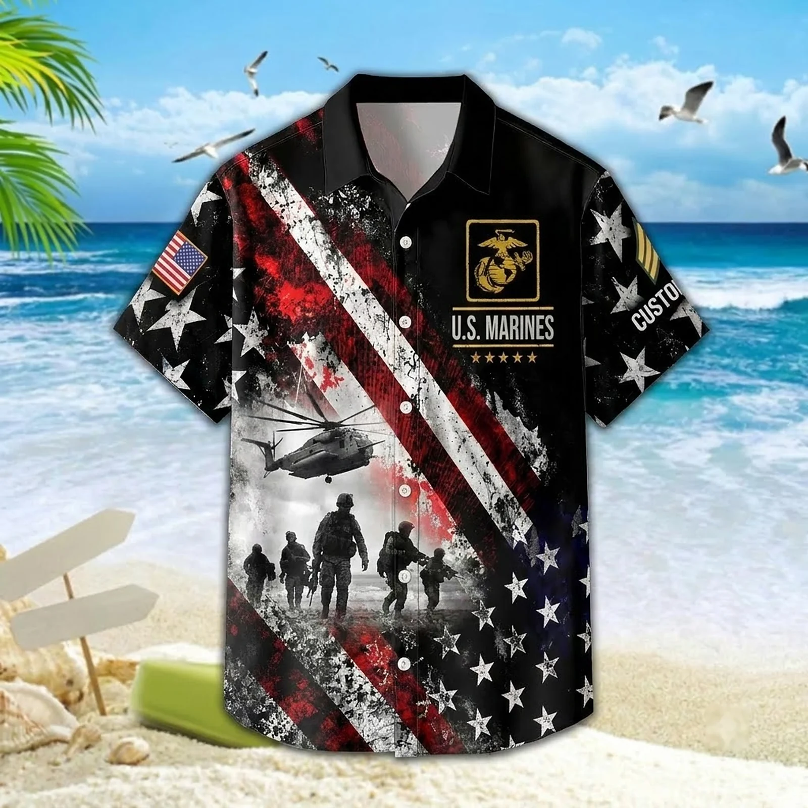 Front view of the custom U.S. Marines Hawaiian shirt on a tropical beach Front view of the custom U.S. Marines Hawaiian shirt on a tropical beach