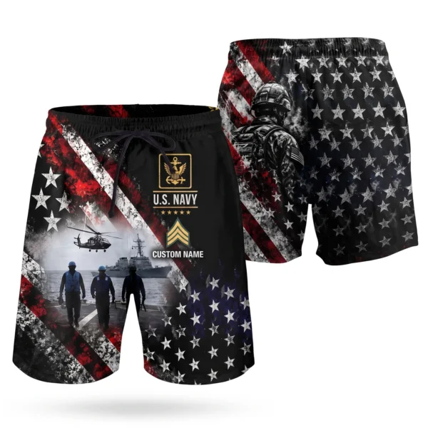 Custom U.S. Navy beach shorts, front and back on a white background