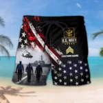 Custom U.S. Navy beach shorts, front and back on a white background