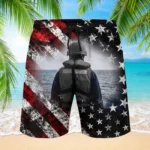 Custom U.S. Navy beach shorts, front and back on a white background