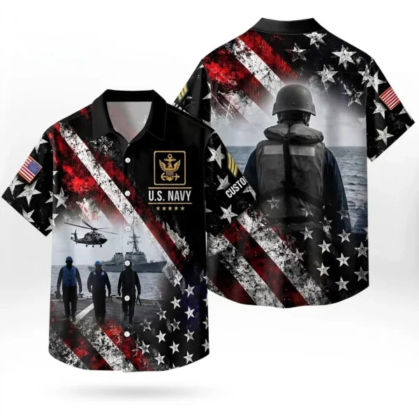 Custom U.S. Navy Hawaiian shirt, front and back on a white background