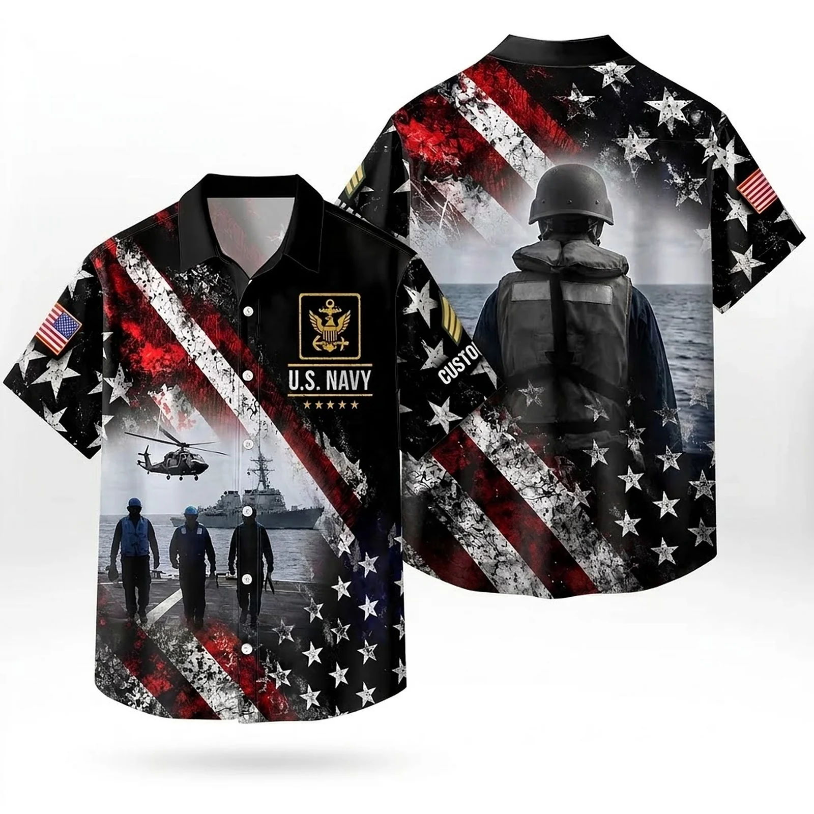 Custom U.S. Navy Hawaiian shirt, front and back on a white background Custom U.S. Navy Hawaiian shirt, front and back on a white background