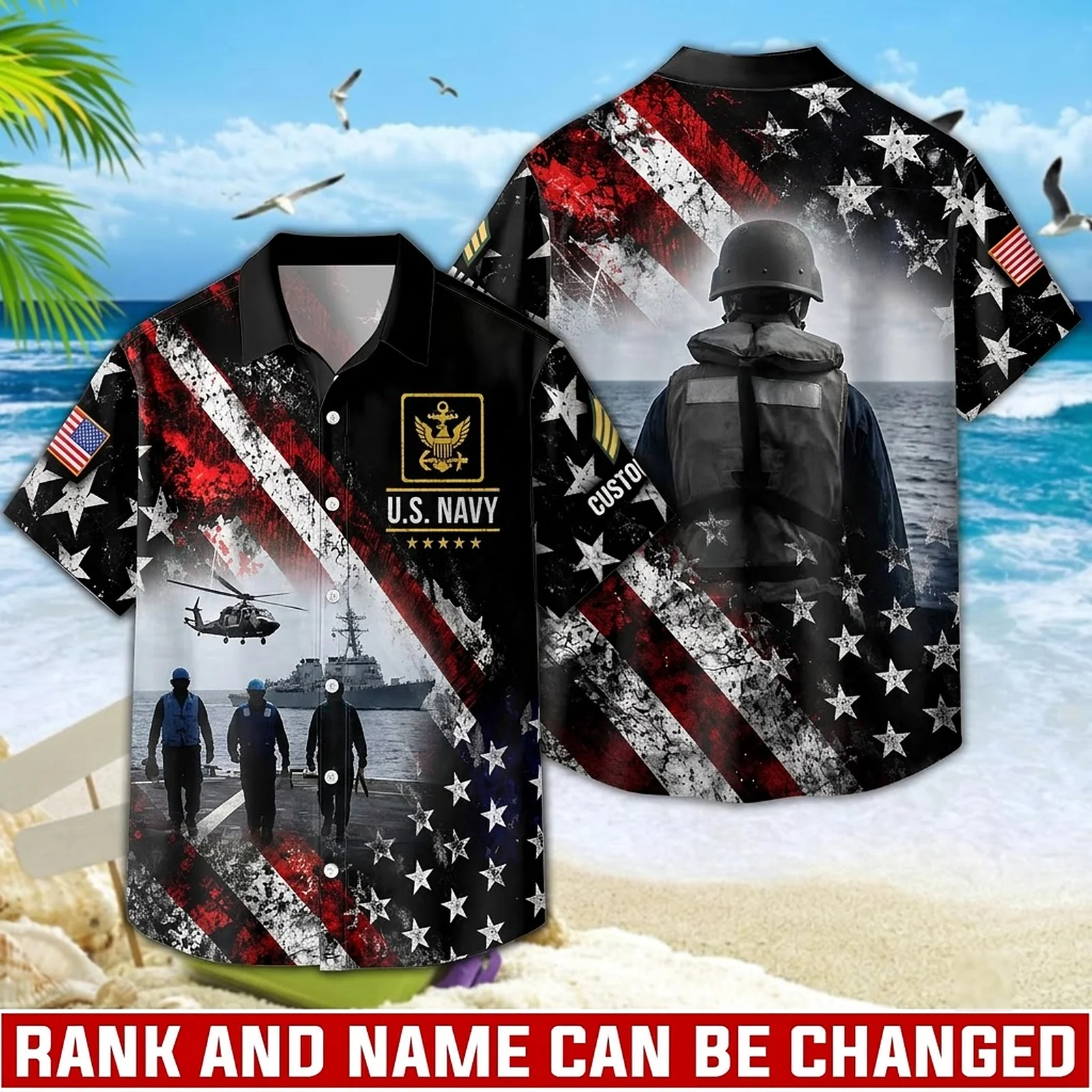 Custom U.S. Navy Hawaiian shirt, front and back view with the distressed American flag print Custom U.S. Navy Hawaiian shirt, front and back view with the distressed American flag print
