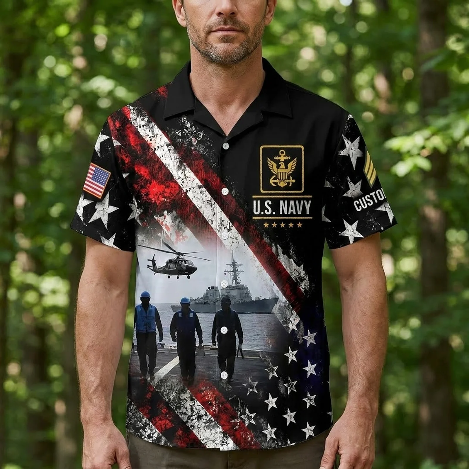 Man wearing the custom U.S. Navy Hawaiian shirt with the American flag print Man wearing the custom U.S. Navy Hawaiian shirt with the American flag print