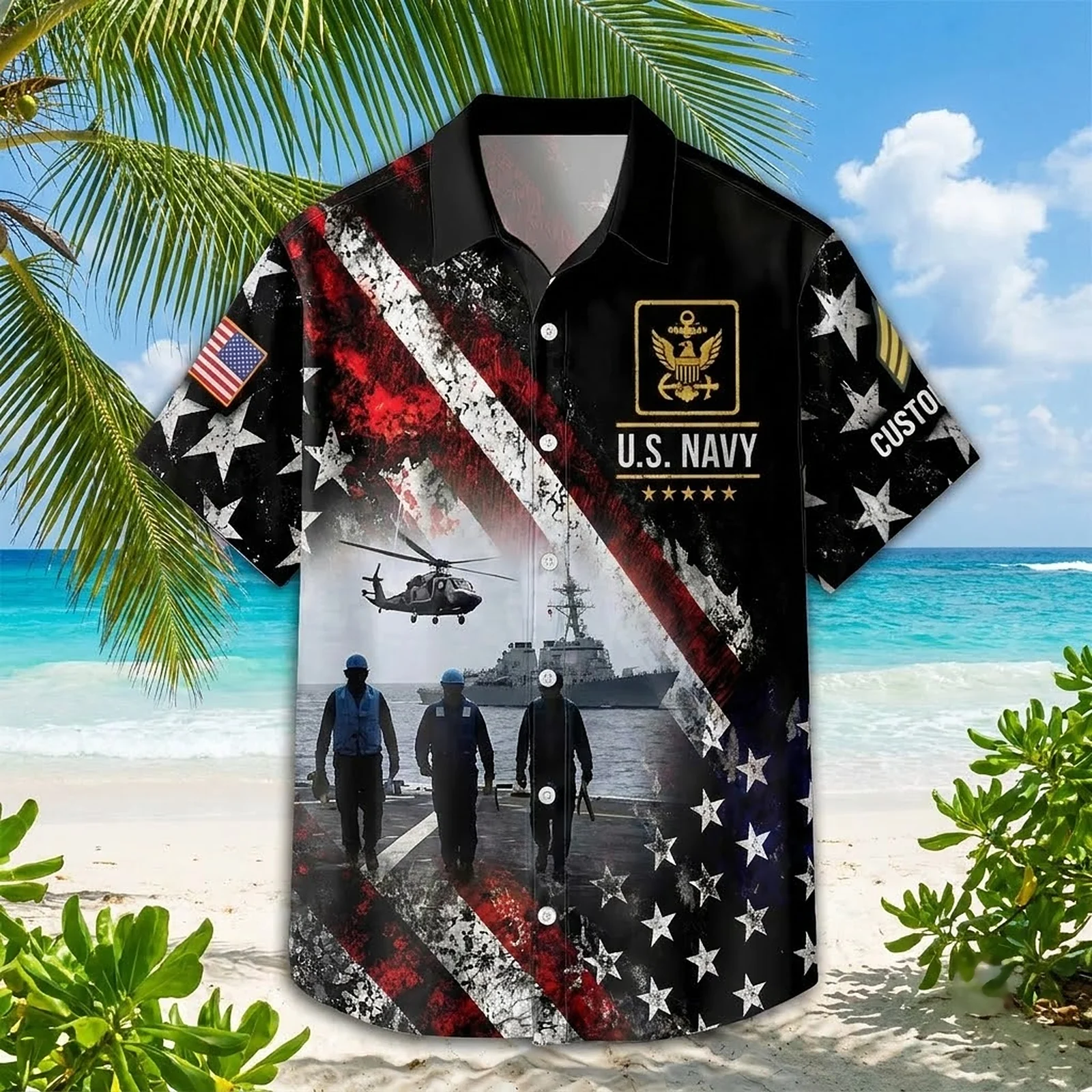 Front view of the custom U.S. Navy Hawaiian shirt on a tropical beach Front view of the custom U.S. Navy Hawaiian shirt on a tropical beach