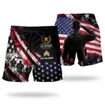 Custom U.S. Veteran beach shorts, front and back on a white background