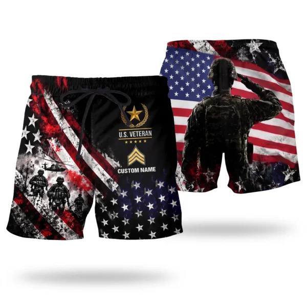 Custom U.S. Veteran beach shorts, front and back on a white background