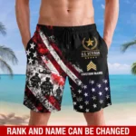 Custom U.S. Veteran beach shorts, front and back on a white background