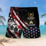 Custom U.S. Veteran beach shorts, front and back on a white background