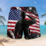 Custom U.S. Veteran beach shorts, front and back on a white background