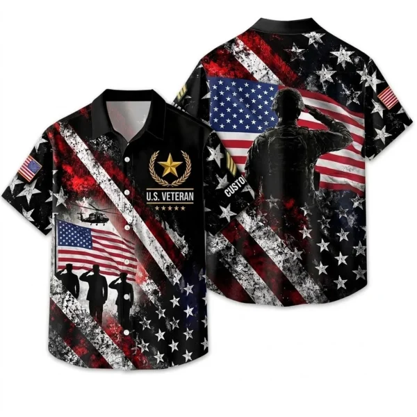 Custom U.S. Veteran Hawaiian shirt, front and back on a white background
