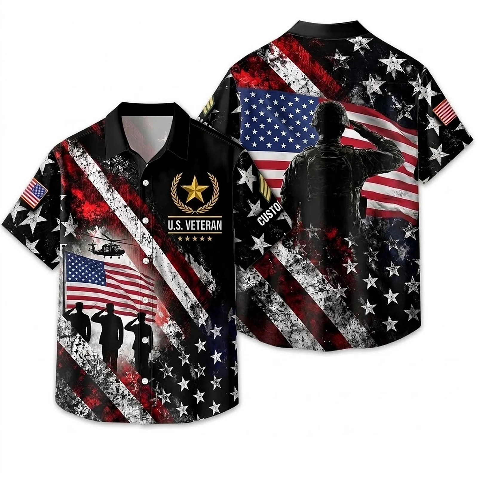 Custom U.S. Veteran Hawaiian shirt, front and back on a white background Custom U.S. Veteran Hawaiian shirt, front and back on a white background