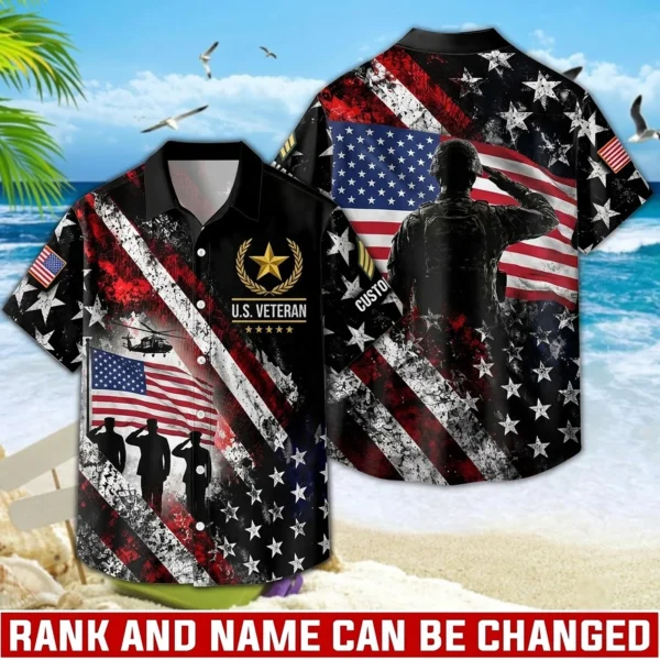 Custom U.S. Veteran Hawaiian shirt, front and back view with the distressed American flag print