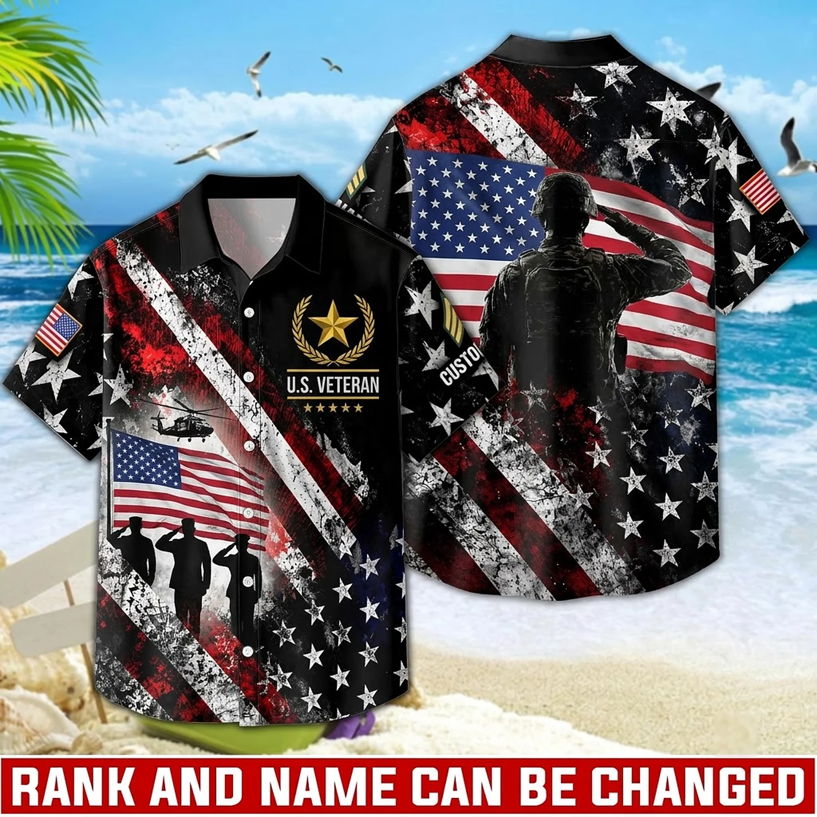 Custom U.S. Veteran Hawaiian shirt, front and back view with the distressed American flag print Custom U.S. Veteran Hawaiian shirt, front and back view with the distressed American flag print