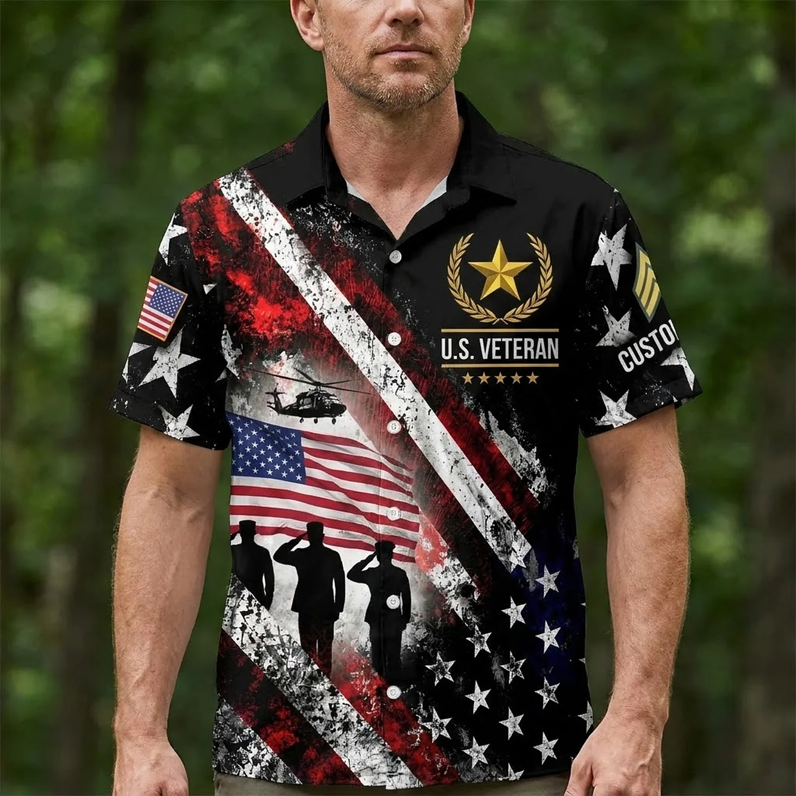 Man wearing the custom U.S. Veteran Hawaiian shirt with the American flag print Man wearing the custom U.S. Veteran Hawaiian shirt with the American flag print