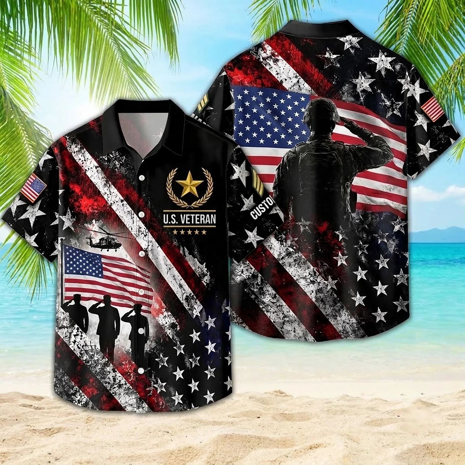 Front view of the custom U.S. Veteran Hawaiian shirt on a tropical beach Front view of the custom U.S. Veteran Hawaiian shirt on a tropical beach