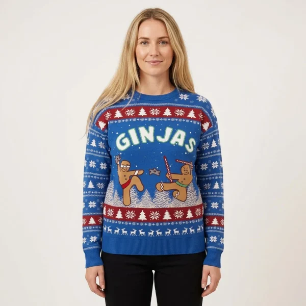 Cute Ninja Gingerbread Mens Big And Tall Christmas Sweater Cozy Christmas Sweater for Holiday Season