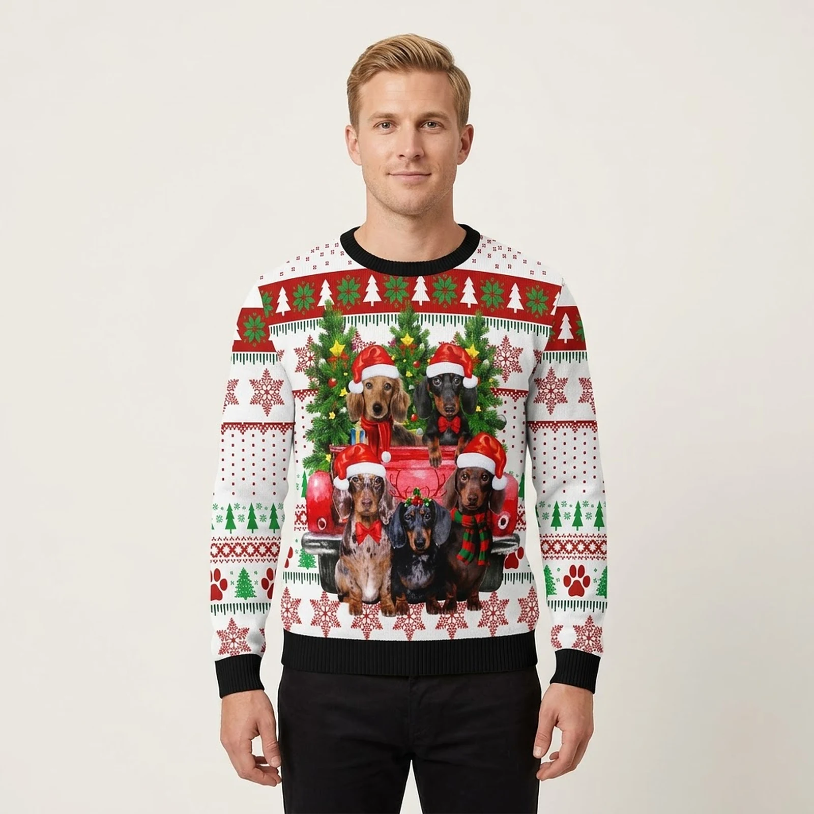 Dachshund Red Truck Ugly Christmas Sweater Cool Xmas Clothing Dachshund Gift ForDog Lovers AI Model Photo Dachshund Red Truck Ugly Christmas Sweater Cool Xmas Clothing Dachshund Gift ForDog Lovers AI Model Photo