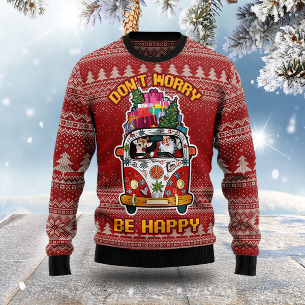 Deer And Santa Hippie Bus Ugly Christmas Sweater Don’t Worry Be Happy Santa Claus Xmas Gifts